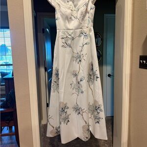 Floral Cap-Sleeve Maxi Dress in Light Blue and Cream.